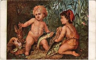 La peche / Fischer / Children art postcard, fisher s: F. Lefler (EK)