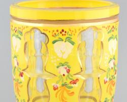 Bieder pohár, kézzel festett, több rétegű üveg, kopásnyomokkal, m: 20 cm