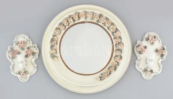 Porcelán fali tükör és gyertyatartó, rózsákon kis lepattanás, jelzés nélkül, d: 35cm, h: 19 cm