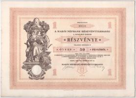 Makó 1929. "Makói Népbank Részvénytársaság" részvénye 50P-ről (2x), sorszámkövetők "0...