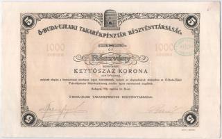 Budapest 1921. "Ó-Buda-Ujlaki Takarékpénztár Részvénytársaság" 5 részvénye egyenként 200K-...