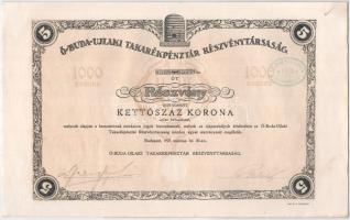 Budapest 1921. "Ó-Buda-Ujlaki Takarékpénztár Részvénytársaság" 5 részvénye egyenként 200K-...