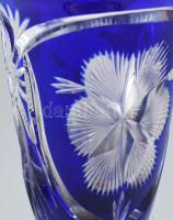 Ezüst (Ag) talpú, kék ólomkristály váza, jelzett, kis lepattanásokkal, m: 20 cm