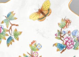 Herendi Viktória mintás leveles tál, kézzel festett, jelzett, fülénél kis repedés, 20×17,5 cm