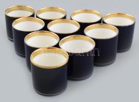 10 db mokkás kávés betét csésze, (ezüst mokkás készlethez, pótlásra) aranyozott, kobaltkék színben, jelzés nélkül, hibátlan. alsó átmérője: 4,3cm, felső átmérője: 4,7 cm, magasság: 4,4cm.