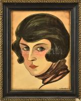 Vanek József (1880-1944): Art Deco hölgy. Vegyestechnika, papír. üvegezett, sérült keretben. Jelzett. 39x22 cm