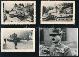 4 db II. világháborús fotó: a német 503. nehézpáncélos-osztály Tiger II (Pz.Kpfw. VI. Ausf. B, Königstiger / Királytigris) harckocsijai Budapesten, a Panzerfaust-hadművelet alatt, 1944. októberében. 3 db korabeli, sokszorosított fotó, hátoldalukon Adolf Müller lipcsei fényképész pecsétjével jelzettek, 7x10 cm + 1 db fotó kitüntetésekkel dekorált magyar testőr őrnagyról, későbbi előhívás, 9x11,5 cm / WWII photos: Tiger II (Pz.Kpfw. VI. Ausf. B, Königstiger) tanks of the German 503rd Heavy Panzer Battalion in Budapest, during Operation Panzerfaust, in October 1944. 3 contemporary reproductions from Adolf Müller, Leipzig (marked with stamp on the back), 7x10 cm + Highly decorated Hungarian guard officers photo (later reproduction), 9x11.5 cm