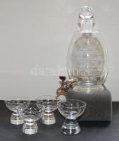 Régi likőrös üvegkancsó kis csappal és hozzátartozó 4db pohárkával