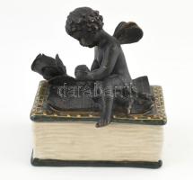 Tündéres bonbonier, porcelán, tetején bronz figura, jelzett, antikolt, m: 16 cm