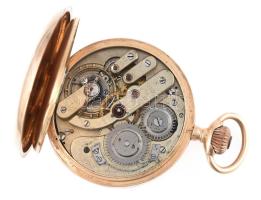 14K arany (Au) dupla arany fedeles zsebóra. Chaton rugós szerkezet Nem működik. d: 49 mm br 75 g, Je...