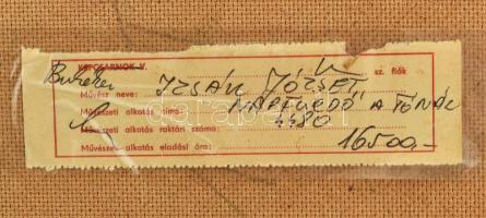 Izsák József (1929-2007): Napfürdő a tónál. Olaj, farost. Hátoldalán címkén jelzett. Dekoratív fa ke...