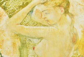 Izsák József (1929-2007): Napfürdő a tónál. Olaj, farost. Hátoldalán címkén jelzett. Dekoratív fa ke...