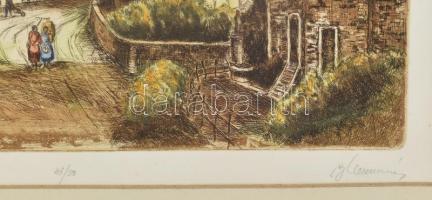 Blahos Rudolf (1917-1986): Hétköznap. Színezett rézkarc, papír, jelzett, számozott (43/50), üvegezet...