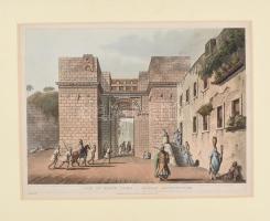 cca 1860 Egyiptom Cairo nagy kapuja építészet. Nagy méretű színes litográfia 32x23 cm paszpartuban /Gate of Cairo large litograpy