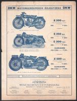 1929 DKW Motorkerékpár árjegyzék prospektus, hajtott, gyűrődésnyommal, 1 sztl. lev.