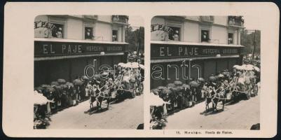 cca 1900 Mexikó, virágünnepi felvonulás, vintage sztereó fotó, ezüst zselatinos fotópapíron, 8,9x18 cm