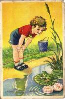 1951 Kellemes húsvéti ünnepeket / Easter greeting art postcard with frog (EM)