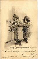 1906 Boldog karácsonyi ünnepeket / Christmas greeting art postcard, children with gifts (vágott / cut)