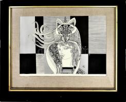 Szász Endre (1926-2003): Állatfejes hölgy. Szitanyomat, papír, jelzett, művészpéldány Artists Proof jelzéssel. Dekoratív, üvegezett fakeretben, 40,5x58 cm