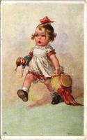 1928 Children art postcard, girl with doll. M. M. Nr. 1326. s: W. Fialkowska (EK)