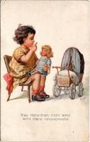 1917 Was Hänschen nicht lernt, lernt Hans nimmermehr / Children art postcard, girl with doll. Hel. B. 522/3. s: W. F. (r)