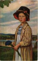 1923 Kornblumen / Children art postcard, girl with flower. Hanfstaengls Küntlerkarte Nr. 45. s: Corn. Max (b)