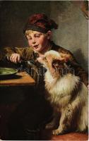 Ein Feinschmecker / Children art postcard, boy with dog. Kleiner Verlag Berlin 2690. s: F. Schlesinger (EK)
