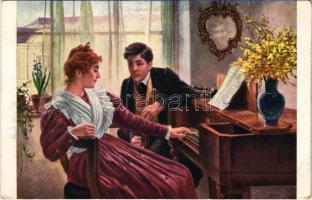 Der Anfang eines Romanes / Lady art postcard, couple in love, piano. J.P.P. 1048. s: C. Zewy (EK)