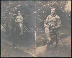 1915 Beregszász (Beregovo), Az 1914/15-ös hadjárat emlékére, lovas katonatiszt fényképe, hátoldalán német nyelven feliratozott fotólap, 13,5x8,5 cm / K.u.K. cavalry officers photo