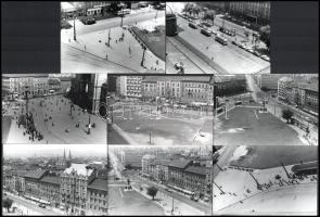 1967 Budapest, Baross tér a felbontás előtt, a Keleti pályaudvar tetejéről fotografálva, 13 db feliratozott, vintage fotó, 9x13 cm