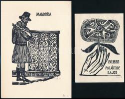 Perei Zoltán (1913-1992), 2 db grafika: Ex libris Palásthy János. Fametszet, papír, jelzett, 12x8,5 cm + Mandora. Fametszet, papír, jelzett, 16x10,5 cm
