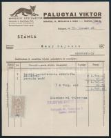 1939-1942 Palugyai Viktor és Bozsin Timót szűcsmesterek fejléces számlái (2 db), illetékbélyegekkel, az egyiken Brdjanovic Ferenc cégtulajdonos saját kezű aláírásával, jó állapotban.