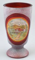 Régi kézzel festett üveg pohár, rubin pácolt, kis kopásokkal, m: 14 cm