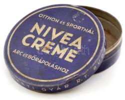 cca 1930-1940 Nivea Creme arc- és bőrápoláshoz, Beiersdorf Vegyészeti Gyár Rt. Budapest, régi fémdoboz, d: 9 cm