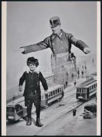 Munkácsi Márton (1896-1963) fotóriporter és fotóművész emlékére, 2021-ben készült fekete-fehér olajfestmény fotómásolata, a ,,Vigyázzunk a gyerekekre (cca 1926) című alkotása nyomán, mai nagyítás, 24x17,7 cm