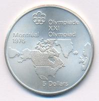 Kanada 1973. 5$ Ag "Montreali olimpia - Észak-Amerika térkép" T:1-  Canada 1973. 5 Dollars Ag "Montreal Olympic Games - North American map" C:AU  Krause KM#85