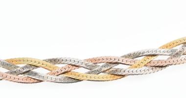 Ezüst (Ag) négy szálas aranyozott, fonott nyaklánc, jelzett, h: 45,5 cm, nettó: 14,4 g