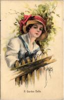 1917 &quot;A Garden Belle&quot; Lady art postcard. WSSB 1408. s: Court Barber