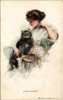 1912 Leisure Moments Lady art postcard with cat. Reinthal & Newman No. 199. s: Harrison Fisher (EK)