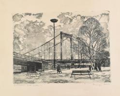 Csurgói Máté Lajos (1931-2001): Erzsébet-híd télen I. Rézkarc, papír, kartonra kasírozva, jelzett, lapszéli apró foltokkal, jobb felső sarkában törésnyommal, 24x32 cm
