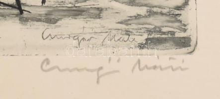 Csurgói Máté Lajos (1931-2001): Erzsébet-híd télen I. Rézkarc, papír, kartonra kasírozva, jelzett, l...