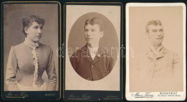 cca 1885-1890 össz. 3 db portré Mai és Társa budapesti műterméből, keményhátú vintage fotók, 10,5x6,5 cm