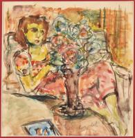 Czóbel jelzéssel: Hölgy virággal. Akvarell, papír. 29x28 cm Dekoratív, sérült fakeretben.