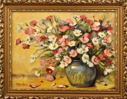 T. Czene Ágnes (1941-): Színes virágok. Olaj, farost. Jelzett. Dekoratív fakeretben. 30x40 cm