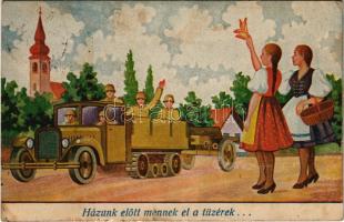 1943 Házunk előtt mennek el a tüzérek... / WWII Hungarian military art postcard, folklore s: Kluka (szakadások / tears)