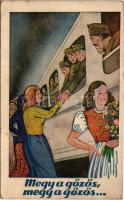 1944 Megy a gőzös, megy a gőzös... / WWII Hungarian military art postcard, soldiers&#039; farewell at the railway station, folklore (EK)