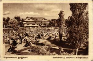 1949 Hajdúszoboszló, Szabadfürdők, háttérben a fedettfürdővel, fürdőzők, strand (EB)