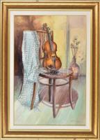 Zoltai Attila (1967-): Hegedű sállal. Olaj, farost, jelzett, dekoratív fakeretben. 60×40cm