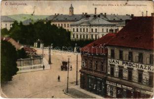 1915 Ceské Budejovice, Budweis; Smerlingova trída s c. k. tabákovou továrnou / street view, tobacco factory, shop of Jan Prochazka + &quot;K.u.K. Reserve-Spital in Budweis&quot; (worn corners)