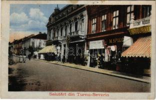 1925 Turnu Severin, Szörényvár; street view, Noul Bazar, shop of M. Spieg, Josef Frisch, pharmacy (EK)